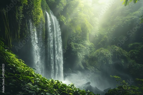 ethereal misty waterfall cascading in lush green forest mystical nature photography