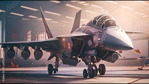 modern military fighter plane in hangar. Subtle multifunctional fighter-bomber, fifth generation.Military base, bunker, hangar. american military fighter plane jet F-22 raptor. photo