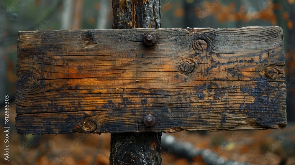 Old wooden signboard on a grunge background. Place for your text. Wooden signboard in the forest, closeup of photo. Old wooden signboard on a grunge background. Place for your text. Wooden signboard in the forest, closeup of photo.
