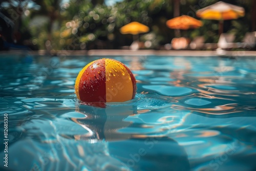 Vibrant beach ball floating on the tranquil water of a pool with a sunny background