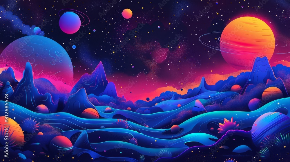 Planets, stars and galaxies in outer space. Fantasy cartoon space. Planets, stars and galaxies in outer space. Fantasy cartoon space.