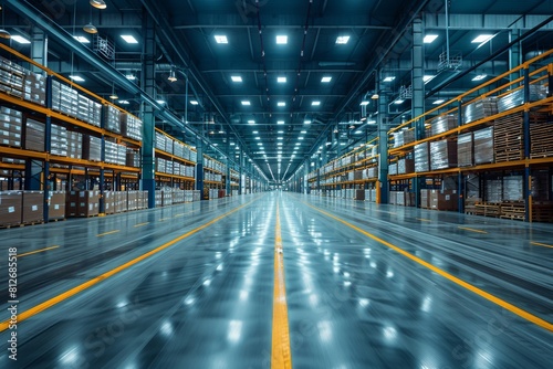 Vast modern warehouse interior with well-lit LED lights and endless rows of shelves stocked with goods