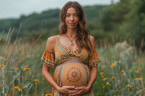 A woman showcases her baby bump artistically adorned with a circular mandala design photo
