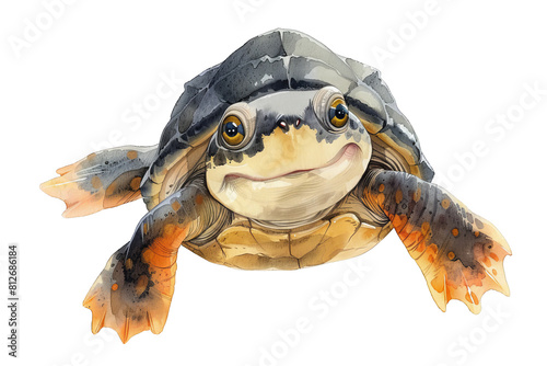 A closeup of a smiling turtle with a yellow belly and black spotted orange feet. PNG transparent background. photo