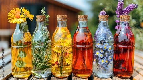 Various bottles containing different oils arranged on a wooden table