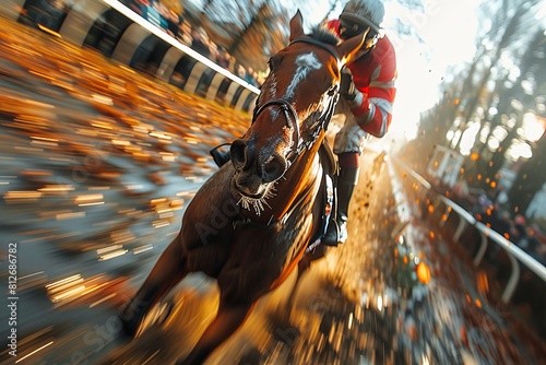 Capturing the intense moment of horse racing with jockey in motion, showcasing speed and competition