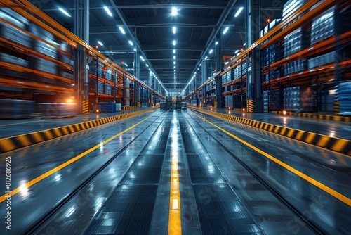 A striking view of a warehouse interior with illuminated aisles and reflective floors at night © Larisa AI