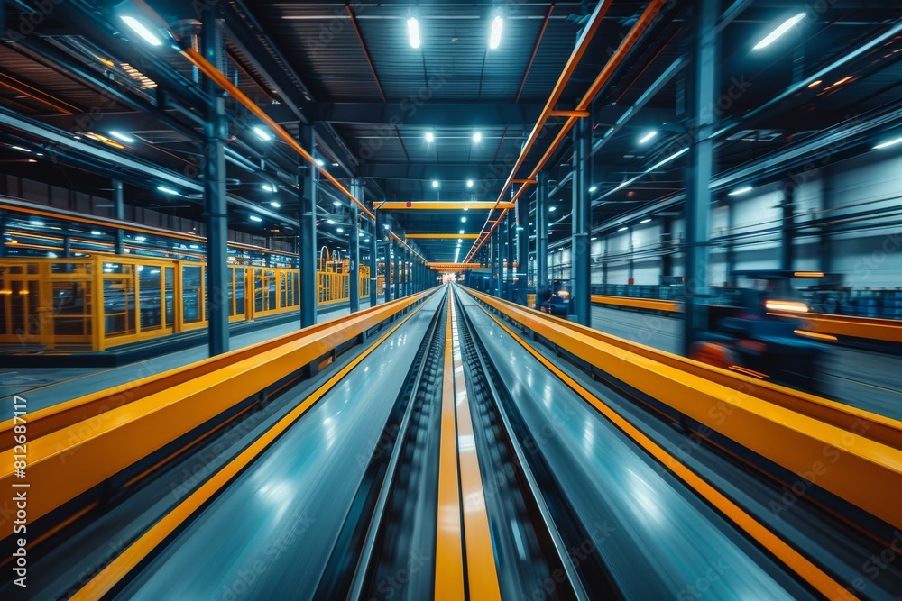 This industrial image captures the essence of a factory floor in motion, with a vibrant color scheme and dynamic sense of speed