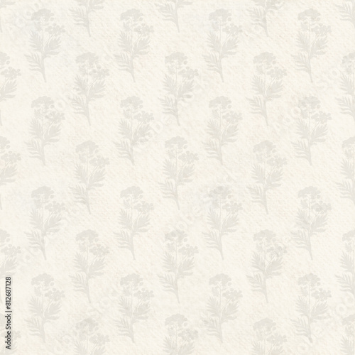 Cold press beige watercolor paper seamless pattern with blue tansy imprints. High quality art on textured paper. Hand drawn. Good for craft paper, wrapping paper, backgrounds, scrapbooking, wallpaper