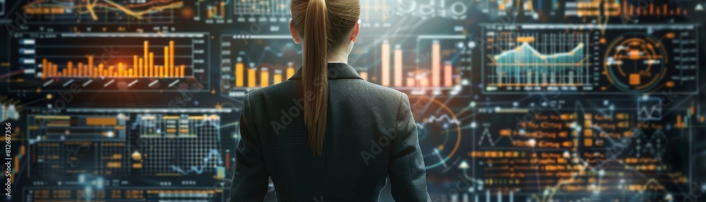 Highresolution image of a female CEOs torso, wearing a classic black suit, set against a highcontrast financial district backdrop Highresolution image of a female CEOs torso, wearing a classic black suit, set against a highcontrast financial district backdrop