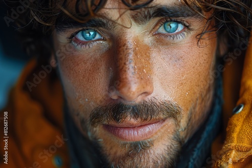 Close-up face shot highlighting remarkable blue eyes and details like light freckles and wet hair © Larisa AI
