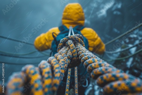 A man in a yellow jacket seen from behind on a suspended rope bridge amidst a gloomy, rainy atmosphere photo