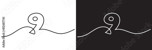 Number 9 line art silhouette. One line continuous outline vector illustration. isolated on white and black background. EPS 10