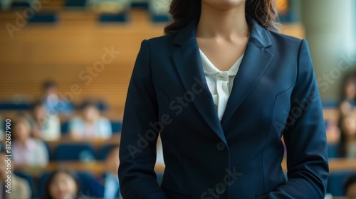 Female CEOs torso in a navy blue suit, presented against a backdrop of a crypto trading floor, ideal for discussions on digital finance
