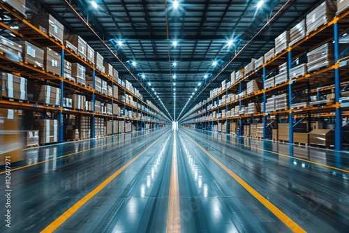Perfectly symmetrical view down a well-lit warehouse aisle, showcasing the precision and orderliness in a modern storage facility