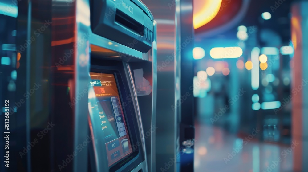 Obraz premium An image of an ATM in a modern setting. The ATM is made of metal and has a blue screen. The background is blurred and shows a busy shopping mall.
