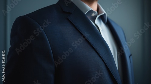 Detail shot of Aryas torso in a sharp navy blue business suit, focusing on the elegance of the fabric against a minimalist backdrop photo
