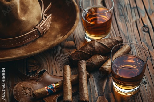 whiskey cowboy hat cigars lying on a wooden table