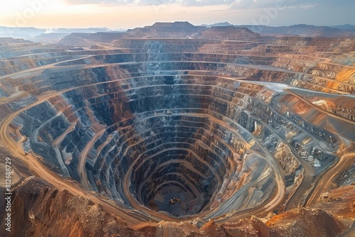 The image captures the sprawling terraces of an open-pit mine, highlighting the massive scale and human engineering