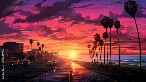 Beach boulevard on sunset colorful comic book style artwork