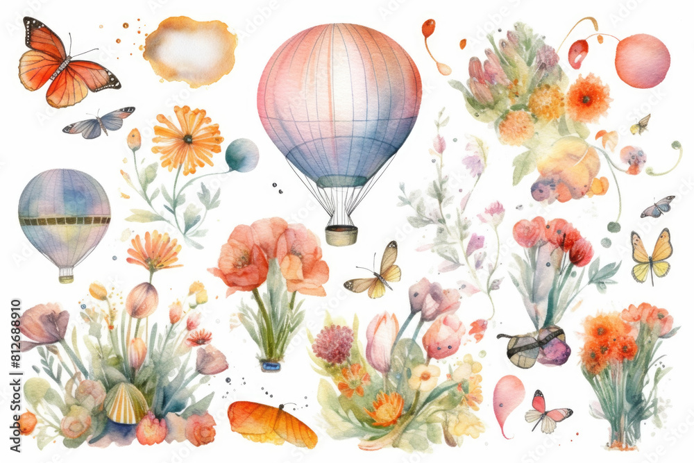 Fototapeta premium Hot air balloons float in the sky above a field filled with blooming flowers and fluttering butterflies