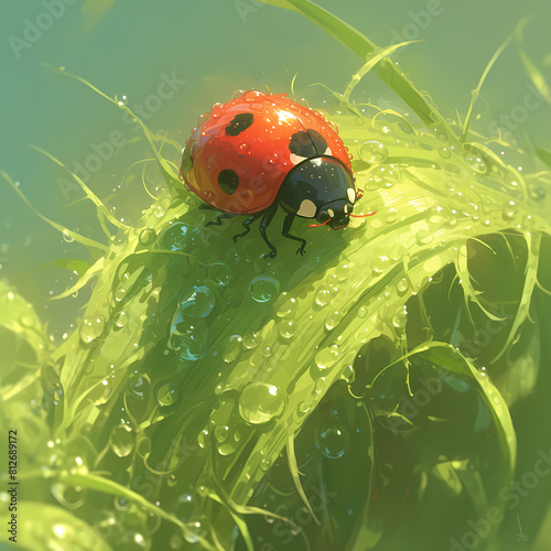 Macro Close-up of a Red and Black Ladybug Perched on a Freshly Watered Plant photo