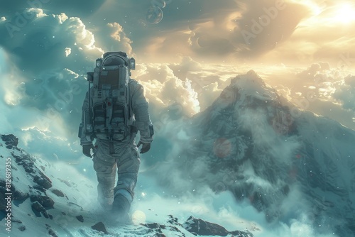 This atmospheric scene shows an astronaut facing awe-inspiring clouds and mountain, symbolic of quest and imagination