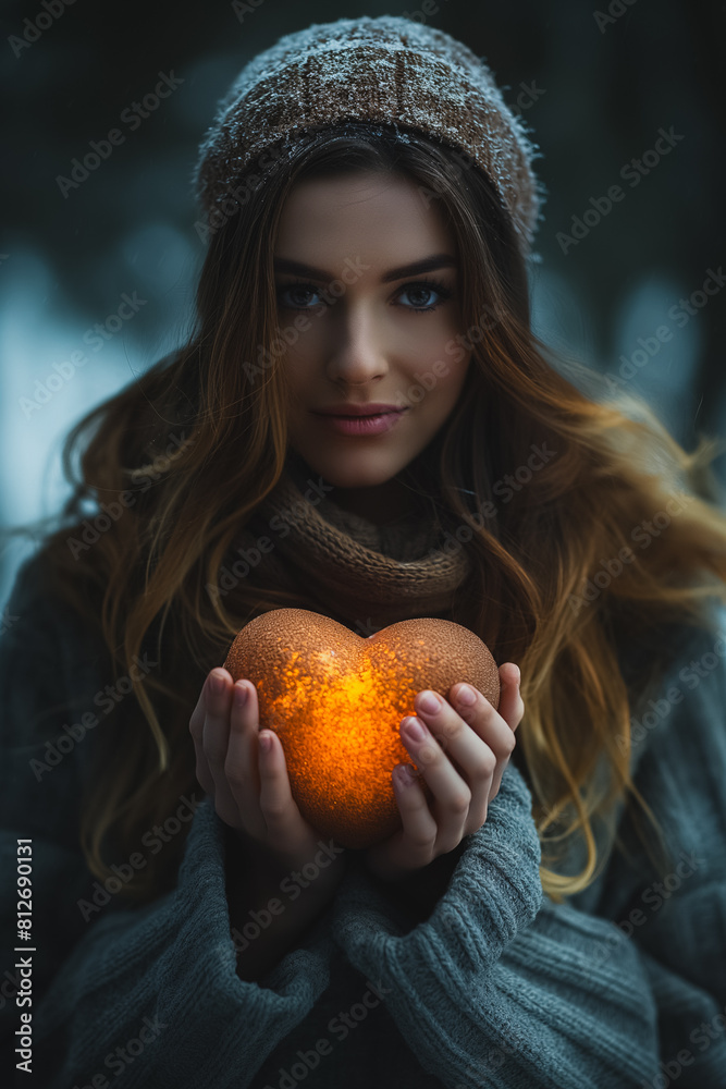 A woman is holding a heart-shaped object in her hand A woman is holding a heart-shaped object in her hand