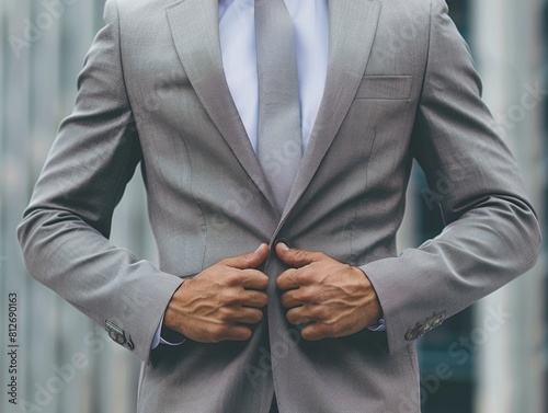 Crisp image of a male executive s torso in a charcoal grey suit, symbolizing his role in steering the company through ongoing challenges photo