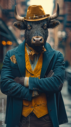 Chic buffalo roams city streets with regal flair, donned in tailored elegance that defines street style © Tatiana