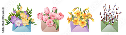 Envelope with pussy willow, tulips, daffodils and freesia on an isolated background. Spring illustration. Happy Easter. Delicate bouquet for decoration, design, cards, invitations, etc.