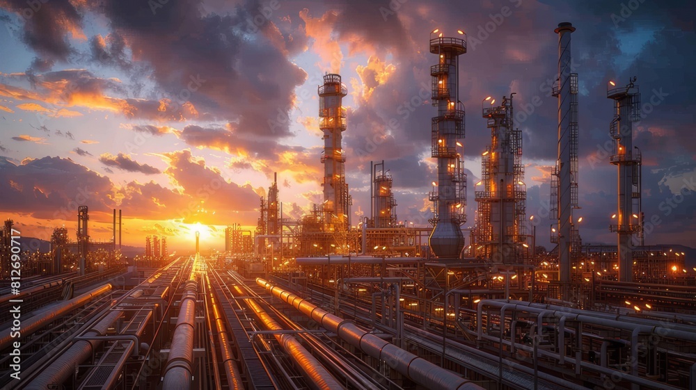 A large industrial view of an oil refinery, forming an oe. industrial zone, with sunrise and cloudy sky A large industrial view of an oil refinery, forming an oe. industrial zone, with sunrise and cloudy sky