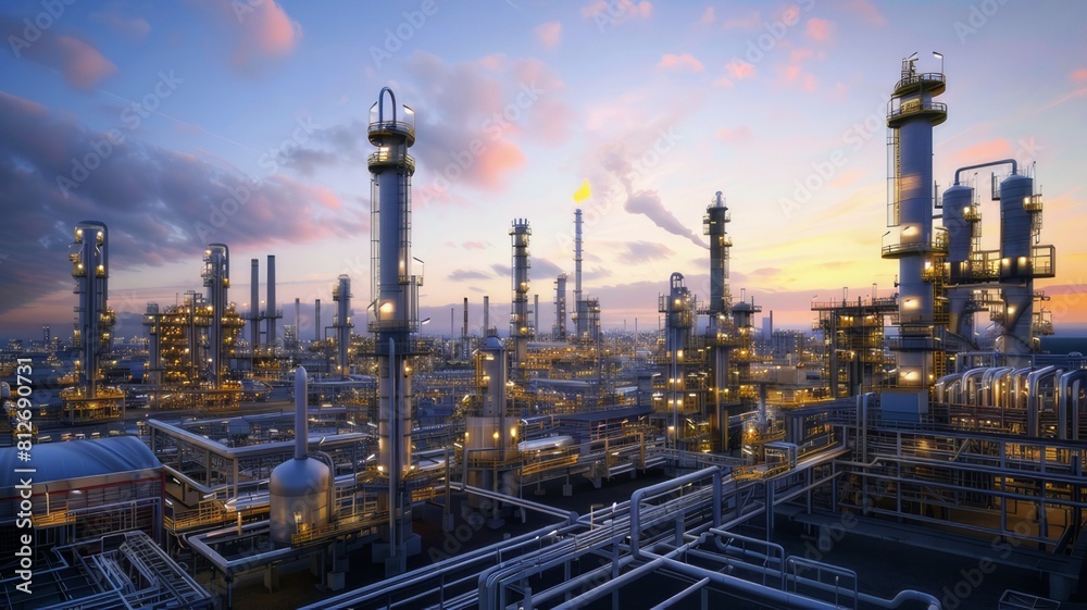 A large industrial view of an oil refinery, forming an oe. industrial zone, with sunrise and cloudy sky