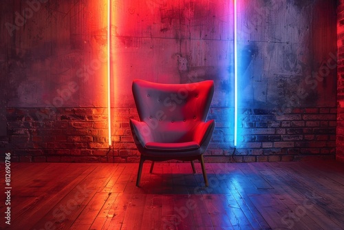 A retro-style chair stands out against a backdrop of brick wall and neon lights blending cool and warm hues © Larisa AI