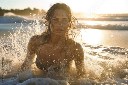 A woman wearing a bikini is joyfully splashing in the refreshing ocean water on a sunny day