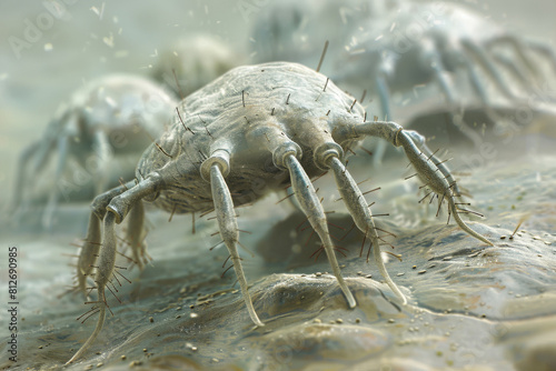 Detailed close-up  dust mite, an unseen arachnid allergen, under extreme magnification in a household bedroom environment
