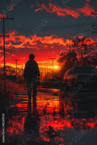 A man is walking down a road at sunset