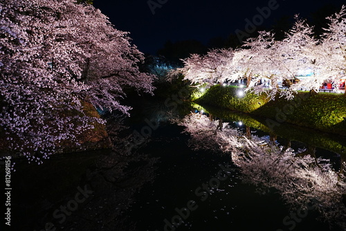 Illuminated Pink Sakura or Cherry Blossom Tunnel and Wooden Boat on Moat of Hirosaki Castle at Night in Aomori, Japan - 日本 青森 弘前城 西濠 桜のトンネル ボート 夜景 ライトアップ	 photo