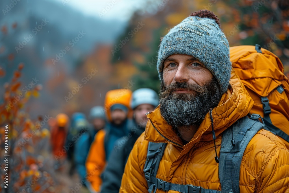 A bearded man with a woolen cap and a yellow backpack smiling ahead of a hiking group A bearded man with a woolen cap and a yellow backpack smiling ahead of a hiking group