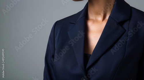 Closeup of Arya, a female CEOs torso in a navy blue suit, isolated against a refined, neutral background for a professional look