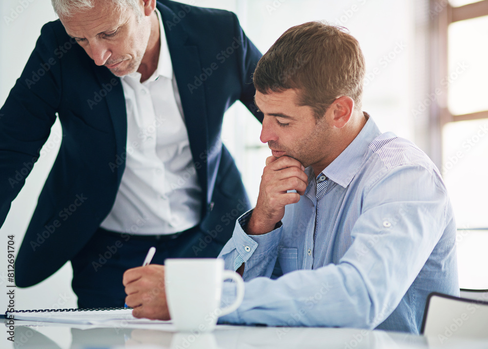 Business people, working and thinking with CEO, collaboration and writing with case planning. Office, boardroom and attorney staff with discussion and employee with training and conversation