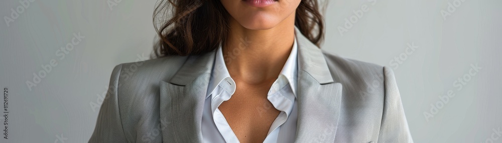 Closeup of Arya, a female business executive s torso in a navy blue suit, perfect for corporate profiles and financial marketing