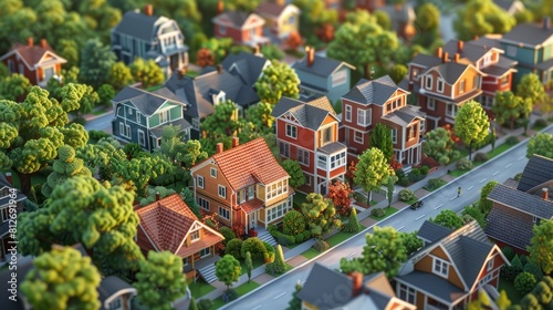 A neighborhood with houses and trees. The houses are all different colors and sizes