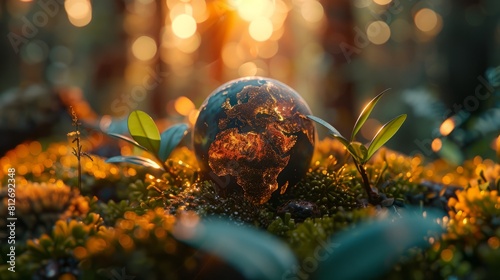 A globe is on top of a bed of moss. The globe is surrounded by green plants and the moss is brown. Concept of harmony between nature and the earth