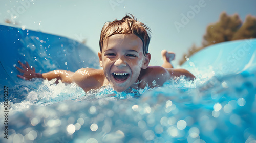 Cheerful boy goes down the water slide in the water park. Concept of active summer vacation and happy childhood