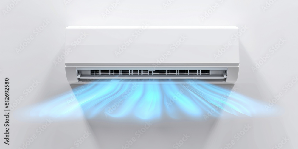 A modern, sleek air conditioner on the wall, with cool blue air flow A modern, sleek air conditioner on the wall, with cool blue air flow