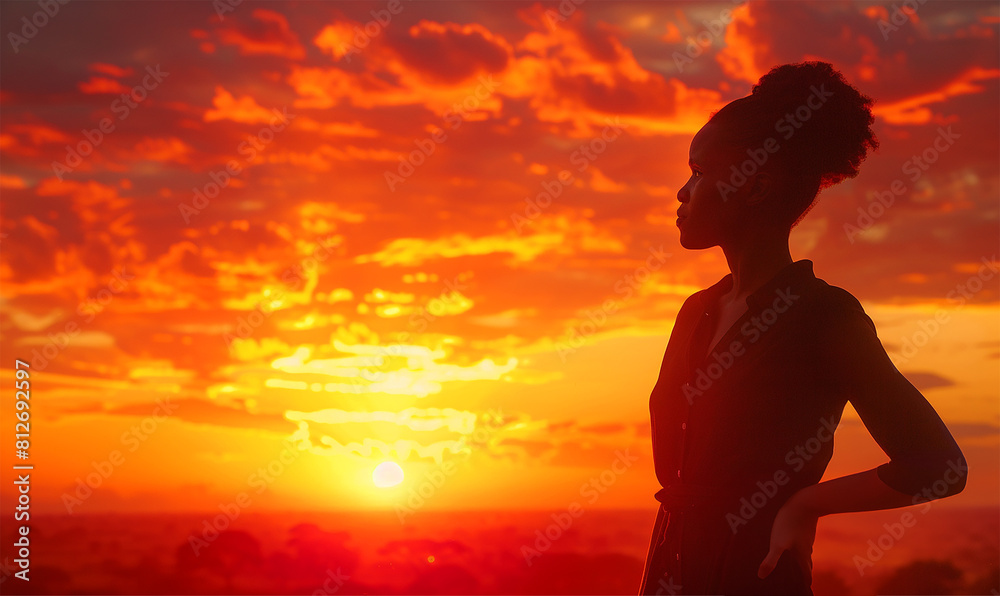 Dramatic figure stands tall, bathed in the warm glow of a vibrant sunset Dramatic figure stands tall, bathed in the warm glow of a vibrant sunset