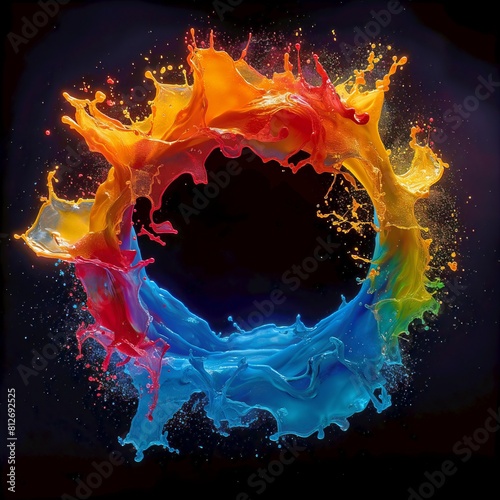 Colorful liquid color splashes in circular motion isolated on a black background.