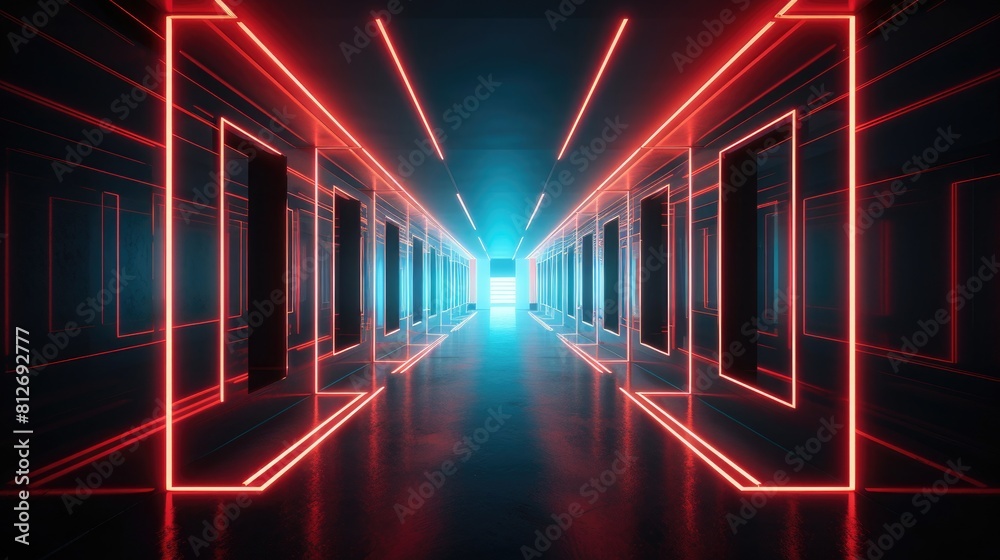 Fototapeta premium Abstract tunnel of light and new highlights. Abstract neon light background, Generative AI