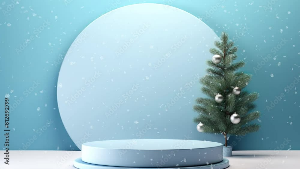 Snow Podium Product  Christmas tree and snow globe. Christmas background  cylindrical Podium for promotions. Presentation sale product.